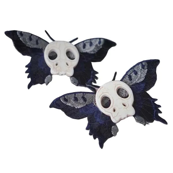 1 Pair Handmade Black Moth Skull Hair Clips Halloween Gothic