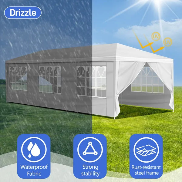 1 Set of 10'x30' Party Tent Canopy for Outdoor Weddings, Heavy-Duty Waterproof Event Shelter with Removable Sidewalls, Ideal for Parties, Booths, and Gatherings.