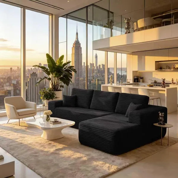 104.3''Cloud Sectional Couch with L-Shaped Chaise,Modern Modular Sofa with Deep Seat, with side pockets ,Upholstered Couches for Living Room Bedroom,No Assembly Required,(Plush Fabric),BLACK,Right