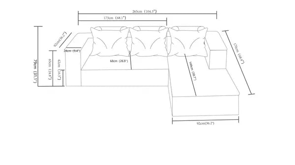 104.3''Cloud Sectional Couch with L-Shaped Chaise,Modern Modular Sofa with Deep Seat, with side pockets ,Upholstered Couches for Living Room Bedroom,No Assembly Required,(Plush Fabric),BLACK,Right