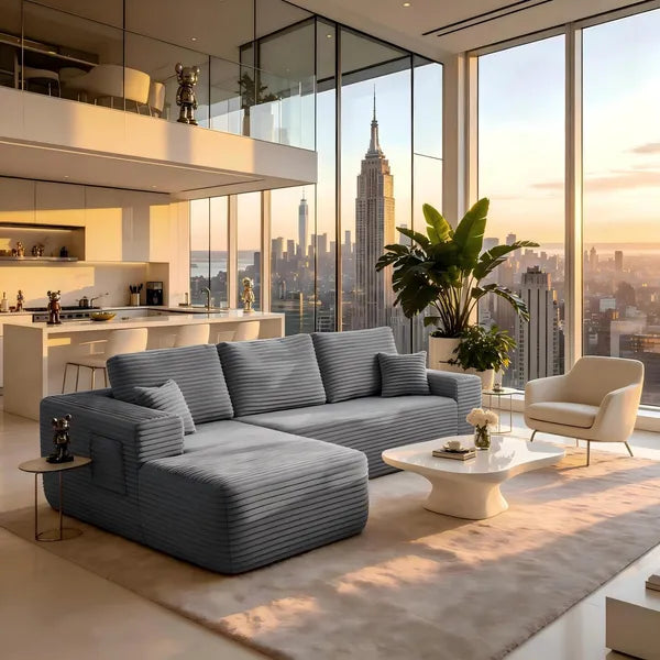 104.3''Cloud Sectional Couch with L-Shaped Chaise,Modern Modular Sofa with Deep Seat, with side pockets ,Upholstered Couches for Living Room Bedroom,No Assembly Required,(Plush Fabric),GREY