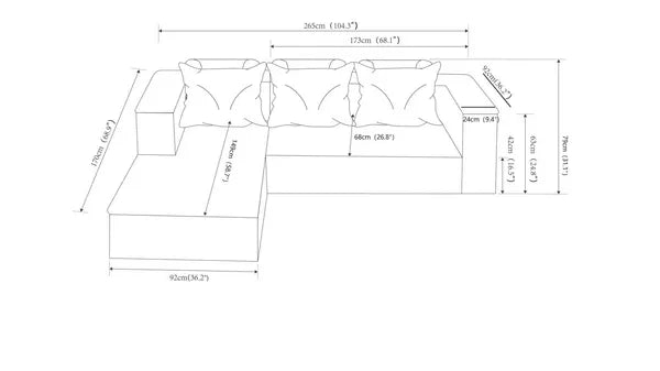 104.3''Cloud Sectional Couch with L-Shaped Chaise,Modern Modular Sofa with Deep Seat, with side pockets ,Upholstered Couches for Living Room Bedroom,No Assembly Required,(Plush Fabric),GREY