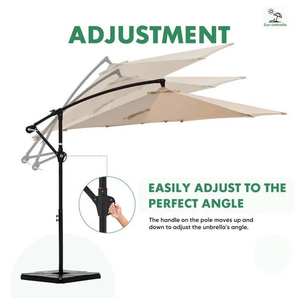 10ft Offset Hanging Outdoor Patio Umbrella with Base Stand Rotate and Tilt, 8 Ribs, UV Protection for Pool Garden Backyard Market, Khaki