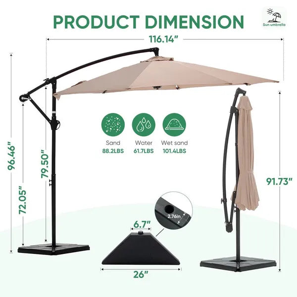 10ft Offset Hanging Outdoor Patio Umbrella with Base Stand Rotate and Tilt, 8 Ribs, UV Protection for Pool Garden Backyard Market, Khaki