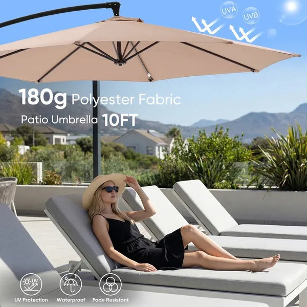 10ft Offset Hanging Outdoor Patio Umbrella with Base Stand Rotate and Tilt, 8 Ribs, UV Protection for Pool Garden Backyard Market, Khaki