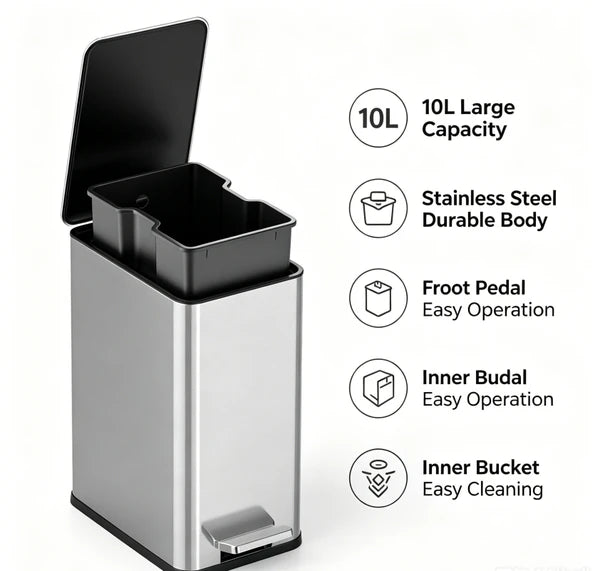 10L Stainless Steel Step Trash Can with Dual Compartment, Hands-Free Pedal Garbage Bin, Slow Close Lid Waste Container with Removable Inner Bucket for Kitchen Bathroom Home Office Indoor Use