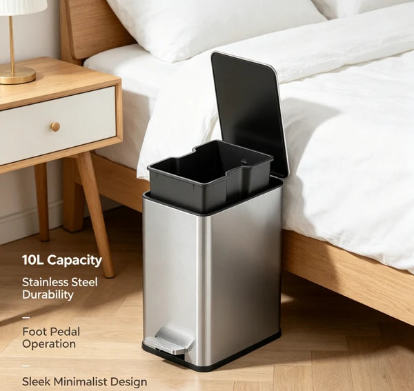 10L Stainless Steel Step Trash Can with Dual Compartment, Hands-Free Pedal Garbage Bin, Slow Close Lid Waste Container with Removable Inner Bucket for Kitchen Bathroom Home Office Indoor Use