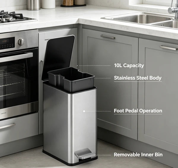 10L Stainless Steel Step Trash Can with Dual Compartment, Hands-Free Pedal Garbage Bin, Slow Close Lid Waste Container with Removable Inner Bucket for Kitchen Bathroom Home Office Indoor Use
