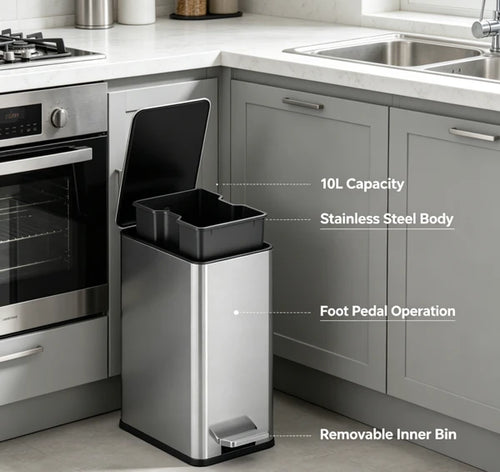 10L Stainless Steel Step Trash Can with Dual Compartment, Hands-Free Pedal Garbage Bin, Slow Close Lid Waste Container with Removable Inner Bucket for Kitchen Bathroom Home Office Indoor Use