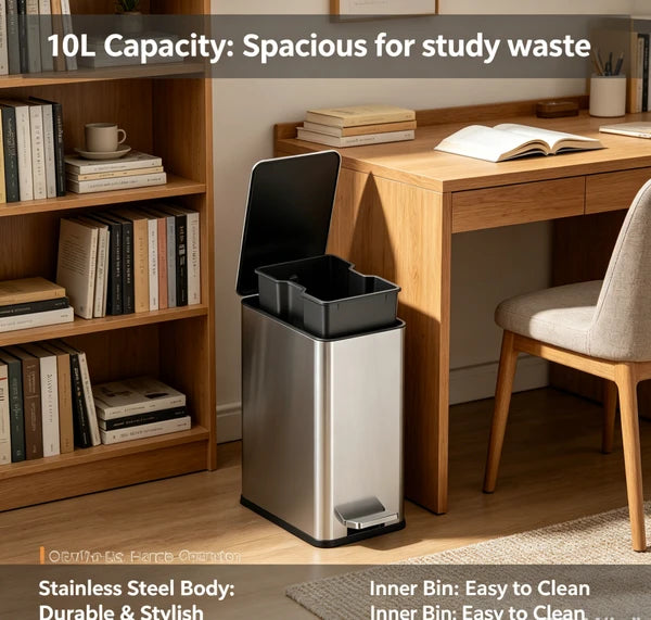 10L Stainless Steel Step Trash Can with Dual Compartment, Hands-Free Pedal Garbage Bin, Slow Close Lid Waste Container with Removable Inner Bucket for Kitchen Bathroom Home Office Indoor Use