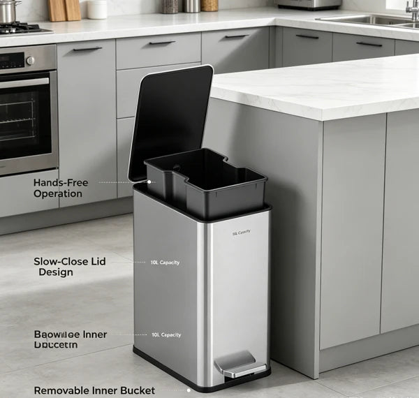 10L Stainless Steel Step Trash Can with Dual Compartment, Hands-Free Pedal Garbage Bin, Slow Close Lid Waste Container with Removable Inner Bucket for Kitchen Bathroom Home Office Indoor Use