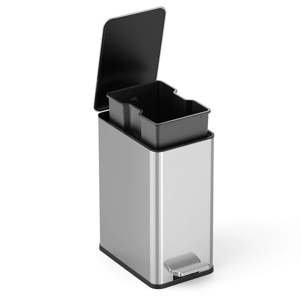 10L Stainless Steel Step Trash Can with Dual Compartment, Hands-Free Pedal Garbage Bin, Slow Close Lid Waste Container with Removable Inner Bucket for Kitchen Bathroom Home Office Indoor Use