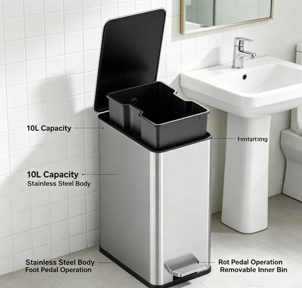 10L Stainless Steel Step Trash Can with Dual Compartment, Hands-Free Pedal Garbage Bin, Slow Close Lid Waste Container with Removable Inner Bucket for Kitchen Bathroom Home Office Indoor Use
