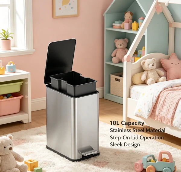 10L Stainless Steel Step Trash Can with Dual Compartment, Hands-Free Pedal Garbage Bin, Slow Close Lid Waste Container with Removable Inner Bucket for Kitchen Bathroom Home Office Indoor Use