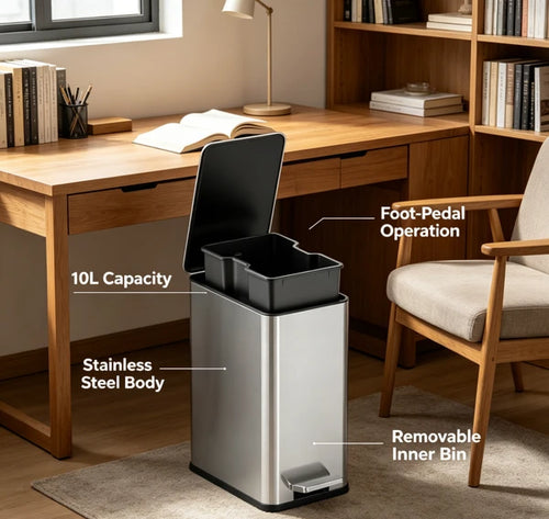10L Stainless Steel Step Trash Can with Dual Compartment, Hands-Free Pedal Garbage Bin, Slow Close Lid Waste Container with Removable Inner Bucket for Kitchen Bathroom Home Office Indoor Use