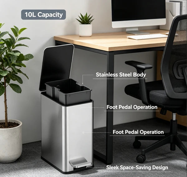 10L Stainless Steel Step Trash Can with Dual Compartment, Hands-Free Pedal Garbage Bin, Slow Close Lid Waste Container with Removable Inner Bucket for Kitchen Bathroom Home Office Indoor Use