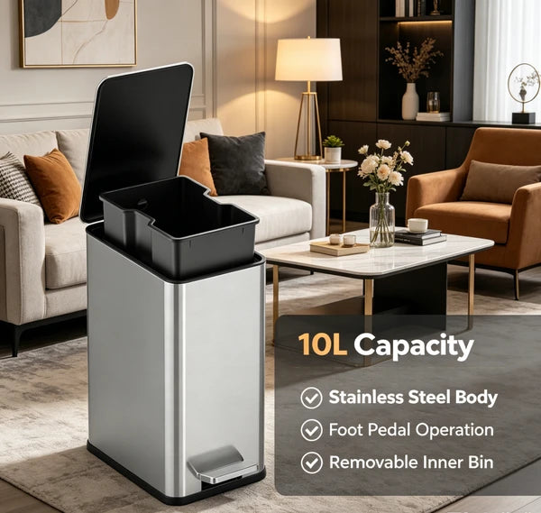 10L Stainless Steel Step Trash Can with Dual Compartment, Hands-Free Pedal Garbage Bin, Slow Close Lid Waste Container with Removable Inner Bucket for Kitchen Bathroom Home Office Indoor Use