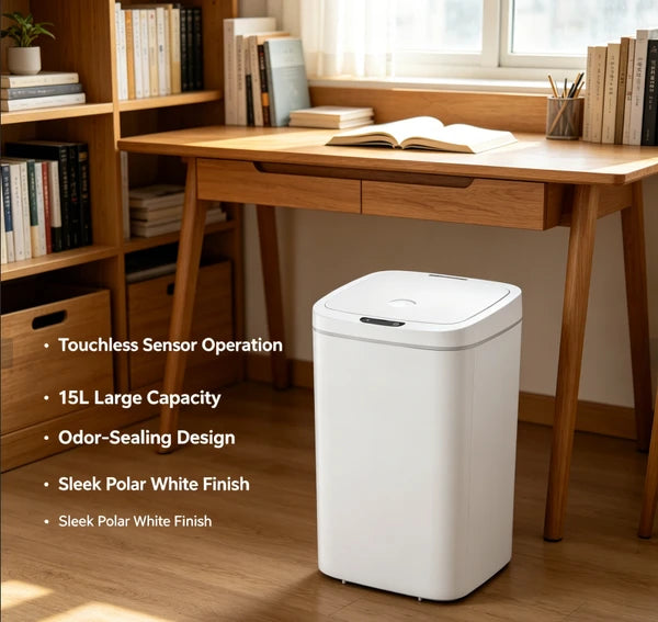10L Touchless Automatic Sensor Trash Can, Water Resistant Tall Garbage Bin, Sealed Odor Proof Waste Container with Sleek Minimalist White Design for Kitchen Bathroom Home Office Indoor Use