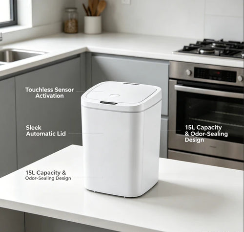 10L Touchless Automatic Sensor Trash Can, Water Resistant Tall Garbage Bin, Sealed Odor Proof Waste Container with Sleek Minimalist White Design for Kitchen Bathroom Home Office Indoor Use