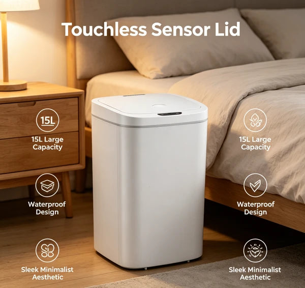 10L Touchless Automatic Sensor Trash Can, Water Resistant Tall Garbage Bin, Sealed Odor Proof Waste Container with Sleek Minimalist White Design for Kitchen Bathroom Home Office Indoor Use