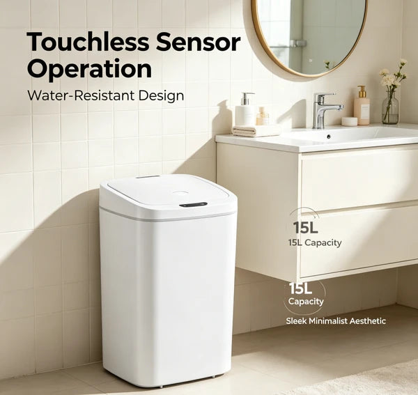 10L Touchless Automatic Sensor Trash Can, Water Resistant Tall Garbage Bin, Sealed Odor Proof Waste Container with Sleek Minimalist White Design for Kitchen Bathroom Home Office Indoor Use