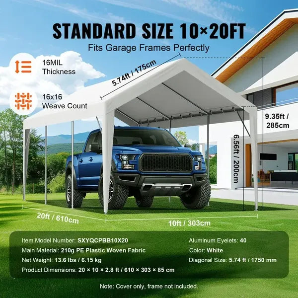 10x20 FT Carport Canopy Replacement Cover Heavy Duty Waterproof UV Resistant Tarp Shelter Top Easy Installation with Elastic Ropes White Only Canopy No Frame