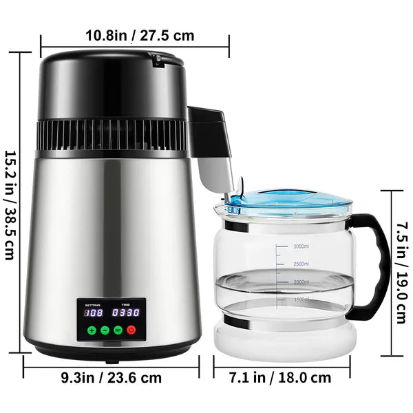1.1 Gal Water Distiller, 0.3 Gal/H, 750W Distilled Water Maker Machine 0-99H Timing Set Temp Display, 304 Stainless Steel Countertop Distiller Glass Carafe Cleaning Powder 3 Carbon Packs, Silver