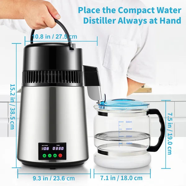 1.1 Gal Water Distiller, 0.3 Gal/H, 750W Distilled Water Maker Machine 0-99H Timing Set Temp Display, 304 Stainless Steel Countertop Distiller Glass Carafe Cleaning Powder 3 Carbon Packs, Silver