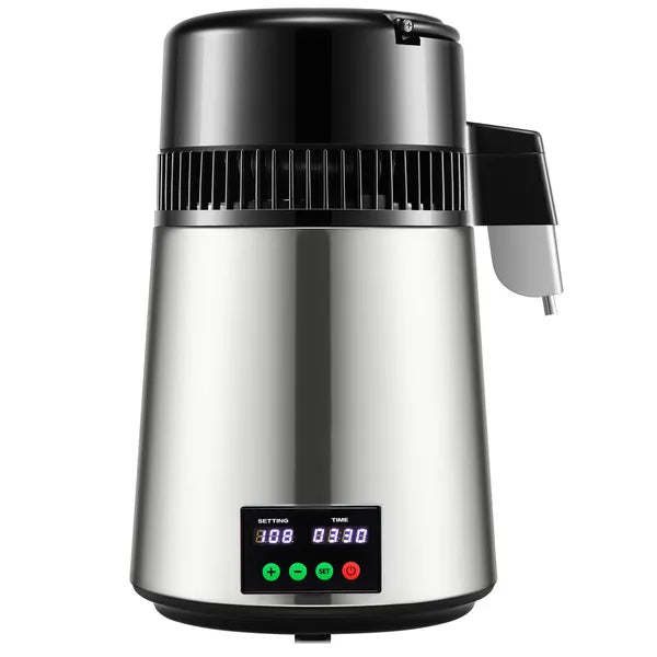 1.1 Gal Water Distiller, 0.3 Gal/H, 750W Distilled Water Maker Machine 0-99H Timing Set Temp Display, 304 Stainless Steel Countertop Distiller Glass Carafe Cleaning Powder 3 Carbon Packs, Silver