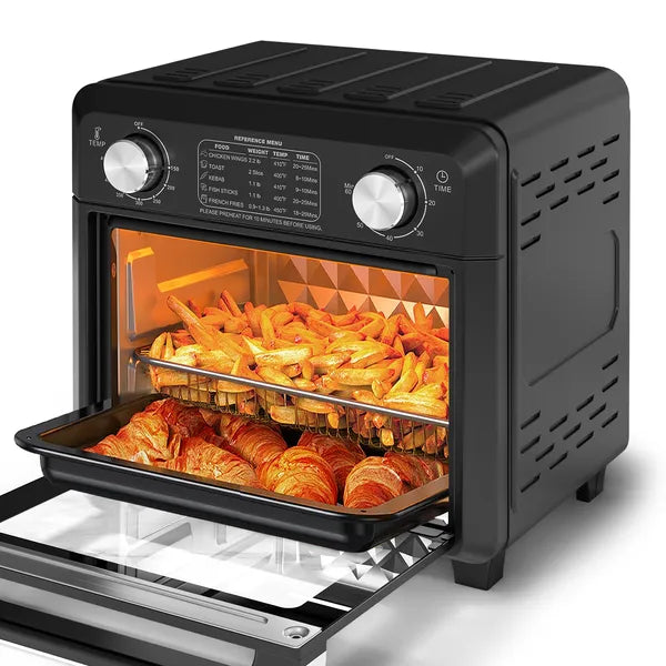 11QT Compact Air Fryer Toaster Oven, 1000W Convection Countertop Oven with Reference Menus, 2-Slice Toaster, Adjustable Time & Temperature, Ideal for Singles & Couples, Black