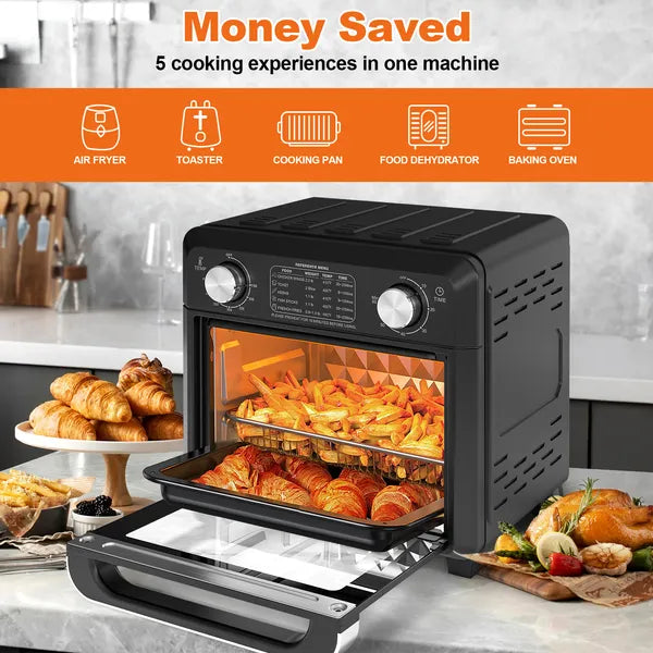 11QT Compact Air Fryer Toaster Oven, 1000W Convection Countertop Oven with Reference Menus, 2-Slice Toaster, Adjustable Time & Temperature, Ideal for Singles & Couples, Black