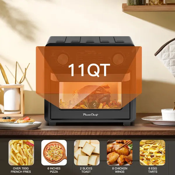 11QT Compact Air Fryer Toaster Oven, 1000W Convection Countertop Oven with Reference Menus, 2-Slice Toaster, Adjustable Time & Temperature, Ideal for Singles & Couples, Black