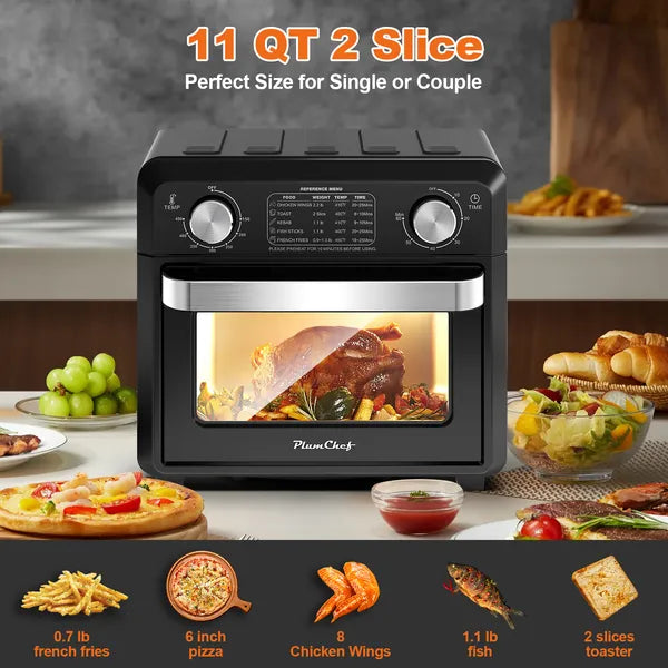 11QT Compact Air Fryer Toaster Oven, 1000W Convection Countertop Oven with Reference Menus, 2-Slice Toaster, Adjustable Time & Temperature, Ideal for Singles & Couples, Black