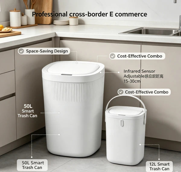 12L-50L Automatic Touchless Sensor Trash Can Combo Set, Waterproof Smart Motion Sensor Garbage Bin, Quiet Close Odor Control Waste Container for Kitchen Bathroom Office Bedroom Home Use
