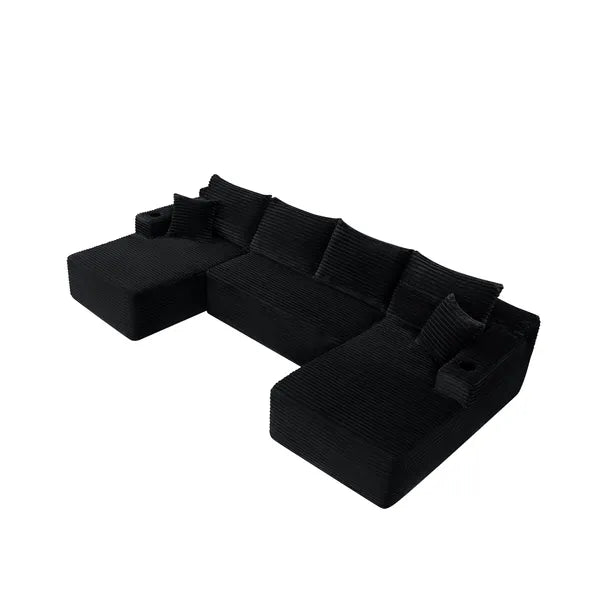 134" Cloud Sectional Sofa with U-Shape Chaise and Side Pockets and Cup holder , Modern Modular Design, Deep Seating, Upholstered Couch for Living Room/Bedroom, No Assembly Required (Plush)Black