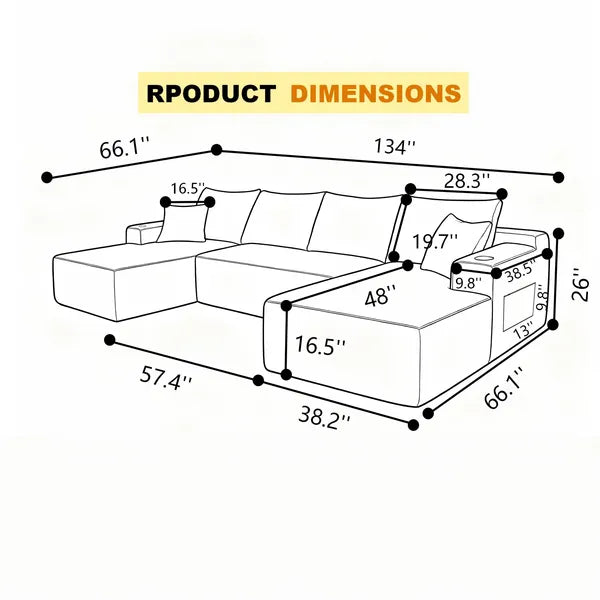 134" Cloud Sectional Sofa with U-Shape Chaise and Side Pockets and Cup holder , Modern Modular Design, Deep Seating, Upholstered Couch for Living Room/Bedroom, No Assembly Required (Plush)Black