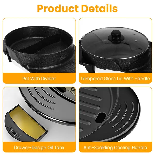 2 in 1 Electric Hot Pot with BBQ Grill Cooker 2200W Smokeless Non-Stick Korean BBQ Grill Shabu Hot Pot with Independent Temperature Control 5 Gears Firepower For 2-10 People