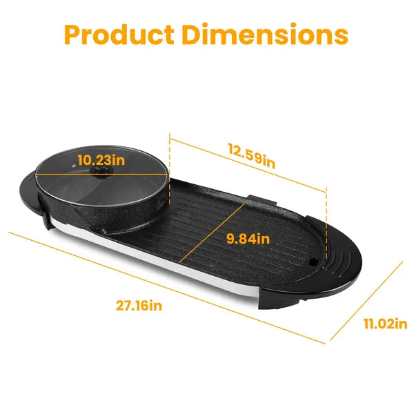 2 in 1 Electric Hot Pot with BBQ Grill Cooker 2200W Smokeless Non-Stick Korean BBQ Grill Shabu Hot Pot with Independent Temperature Control 5 Gears Firepower For 2-10 People