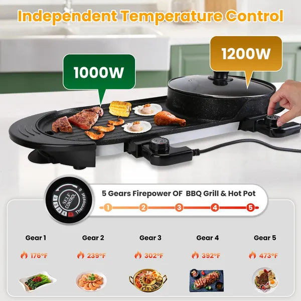 2 in 1 Electric Hot Pot with BBQ Grill Cooker 2200W Smokeless Non-Stick Korean BBQ Grill Shabu Hot Pot with Independent Temperature Control 5 Gears Firepower For 2-10 People