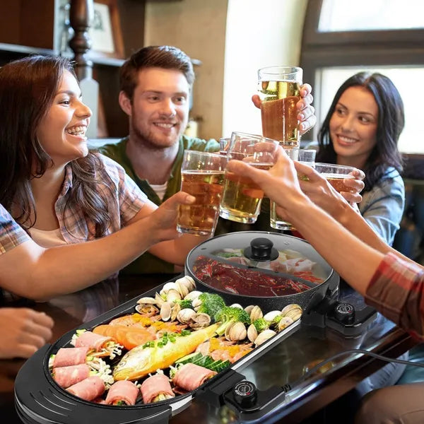 2 in 1 Electric Hot Pot with BBQ Grill Cooker 2200W Smokeless Non-Stick Korean BBQ Grill Shabu Hot Pot with Independent Temperature Control 5 Gears Firepower For 2-10 People