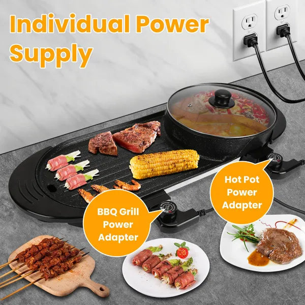 2 in 1 Electric Hot Pot with BBQ Grill Cooker 2200W Smokeless Non-Stick Korean BBQ Grill Shabu Hot Pot with Independent Temperature Control 5 Gears Firepower For 2-10 People