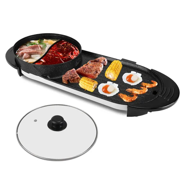 2 in 1 Electric Hot Pot with BBQ Grill Cooker 2200W Smokeless Non-Stick Korean BBQ Grill Shabu Hot Pot with Independent Temperature Control 5 Gears Firepower For 2-10 People