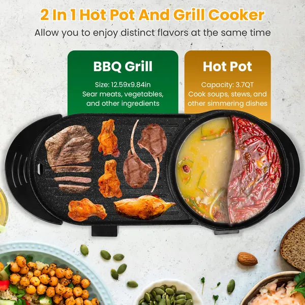 2 in 1 Electric Hot Pot with BBQ Grill Cooker 2200W Smokeless Non-Stick Korean BBQ Grill Shabu Hot Pot with Independent Temperature Control 5 Gears Firepower For 2-10 People