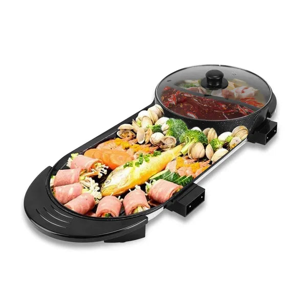 2 in 1 Electric Hot Pot with BBQ Grill Cooker 2200W Smokeless Non-Stick Korean BBQ Grill Shabu Hot Pot with Independent Temperature Control 5 Gears Firepower For 2-10 People