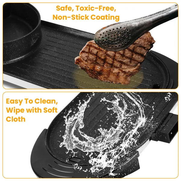 2 in 1 Electric Hot Pot with BBQ Grill Cooker 2200W Smokeless Non-Stick Korean BBQ Grill Shabu Hot Pot with Independent Temperature Control 5 Gears Firepower For 2-10 People