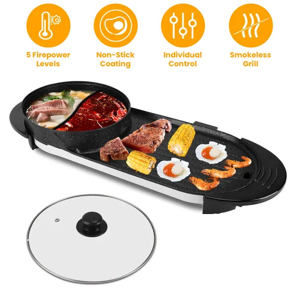 2 in 1 Electric Hot Pot with BBQ Grill Cooker 2200W Smokeless Non-Stick Korean BBQ Grill Shabu Hot Pot with Independent Temperature Control 5 Gears Firepower For 2-10 People