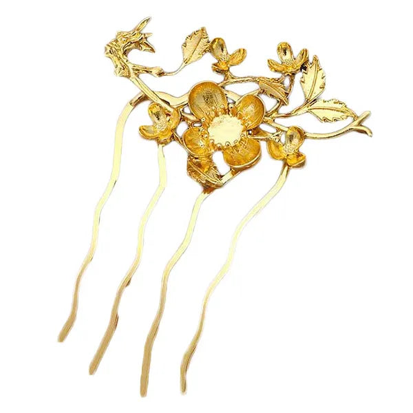 2 Pcs Golden Metal Side Comb Flower Leaves