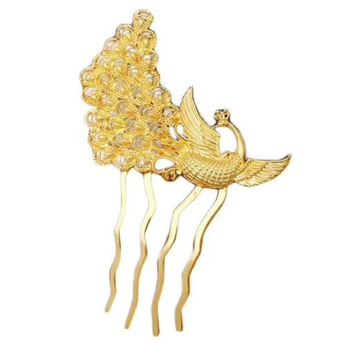 2 Pcs Golden Peacock Metal Side Comb Chinese Style