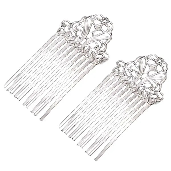 2 Pcs Silver Color Retro Hair Combs Bridal 2.2 Inches