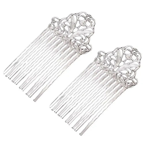 2 Pcs Silver Color Retro Hair Combs Bridal 2.2 Inches